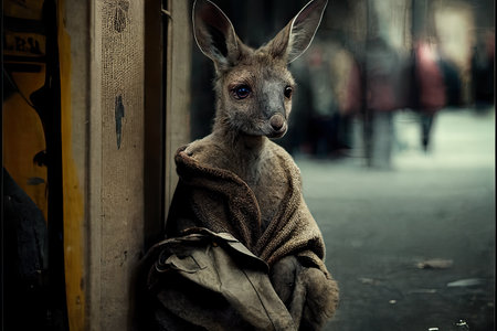 Kangaroo in the city. Sad kangaroo in the city.の素材