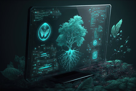 Ecology concept with green tree on screen of laptop 3D renderingの素材