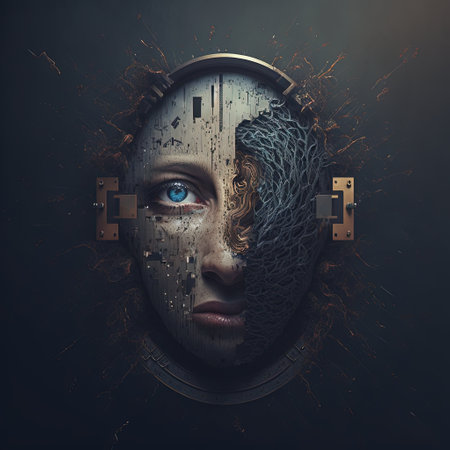 Portrait of a woman with metal shield. 3d rendering.の素材