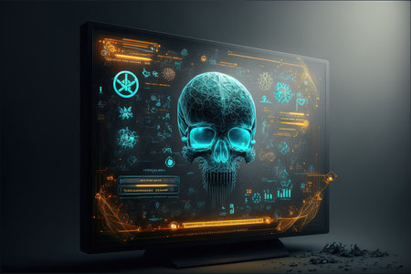 human skull in front of a monitor with science icons on it. 3d renderingの素材