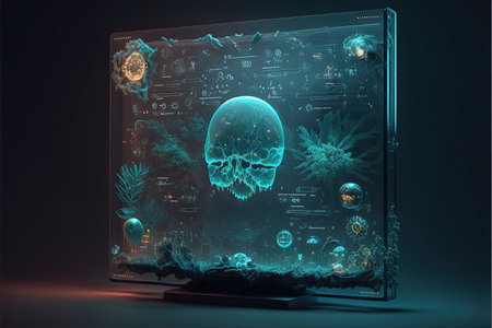 Futuristic holographic interface with glowing human skull in front of a tabletの素材