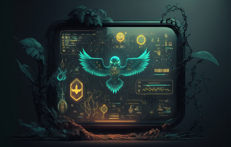 Glowing HUD hologram with flying eagle on dark background. 3D renderingの素材