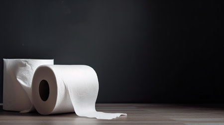 roll of toilet paper on wooden floor with copy space, black backgroundの素材
