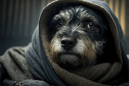 Cute dog wrapped in a blanket looking at the camera. Close-up.の素材