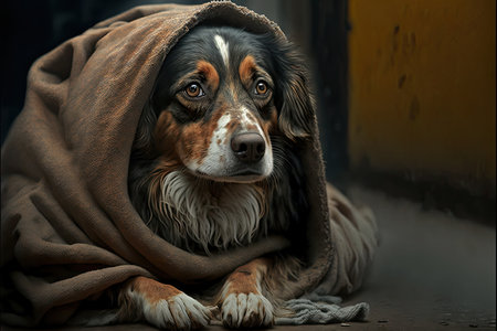 Portrait of a dog wrapped in a blanket, looking at the camera.の素材