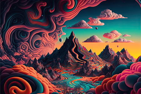 Fantasy landscape with mountains and lake. Colorful vector illustration.の素材