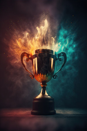 Trophy with flames and smoke on dark background. Award concept.の素材
