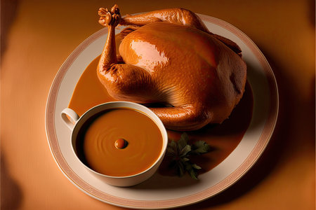 Roast turkey with soup on a white plate on a brown backgroundの素材