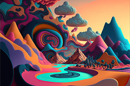 Fantasy landscape with mountains, river and clouds. Vector illustration.の素材