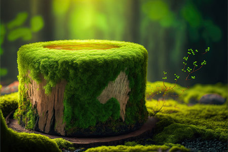 Fantasy landscape with tree stump and green moss. 3d illustrationの素材