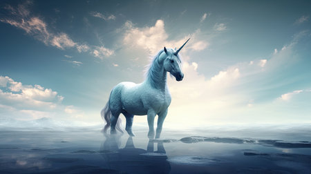 White unicorn on blue sky background. 3d render. Fantasy.の素材