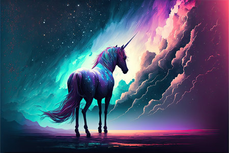 Unicorn on the background of the night sky. Vector illustrationの素材