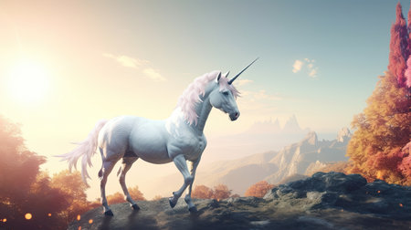 Unicorn in the mountains. 3D render. Fantasy illustration.の素材