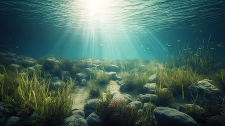 Underwater landscape with seabed and sunlight. 3d renderの素材