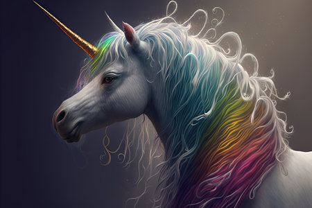 Unicorn with rainbow mane on dark background. Fantasy illustration.の素材