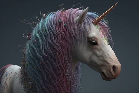 Unicorn with rainbow mane and horn. 3d renderingの素材