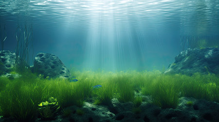 Underwater landscape with algae and fish. 3d render illustration.の素材