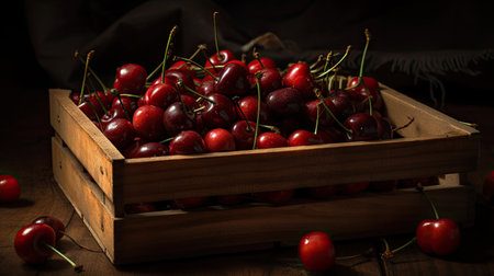 Cherries in a wooden box on a wooden table. Dark background.の素材