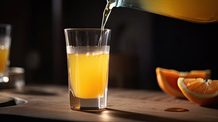 Orange juice being poured into a glass with orange slices on the backgroundの素材