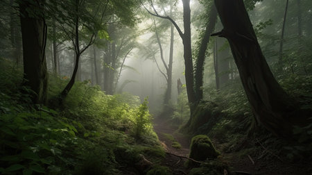 Mysterious forest in a foggy morning. Panoramic imageの素材