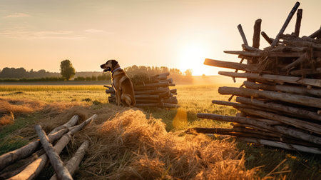 Dog on a haystack in the middle of a field at sunsetの素材