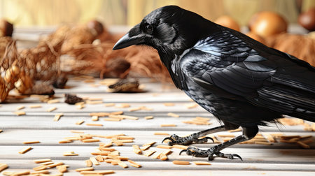 Beautiful black crow on wooden background, closeup. Halloween decorationの素材