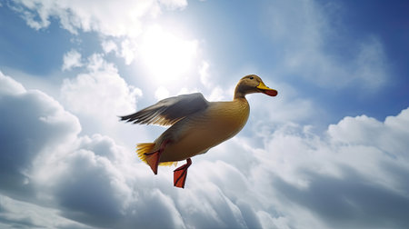 Duck flying in the blue sky with sun rays and clouds.の素材