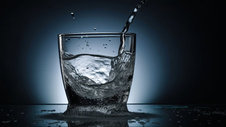 Water splashing into a glass on a dark background, close-upの素材