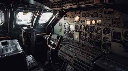 Cockpit of an airplane with a control panel and control panel.の素材