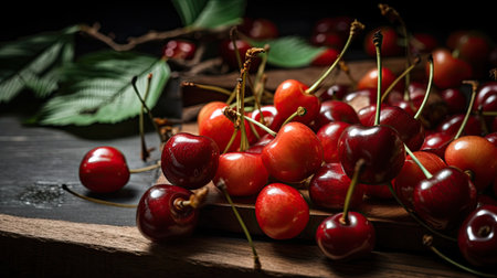 Cherries on a wooden background. Dark rustic style.の素材