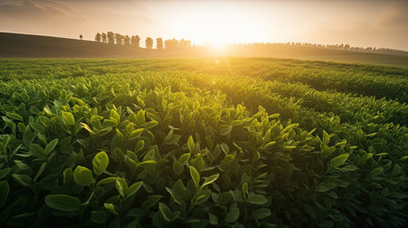 Green soybean field in the morning light. Agricultural landscape background.の素材