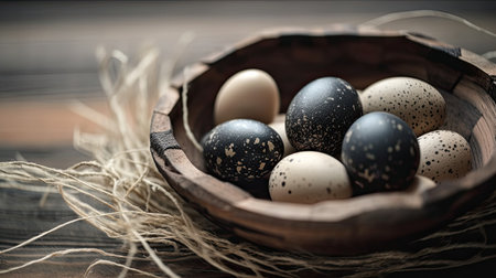 Easter eggs in a basket on a wooden background. Toned.の素材
