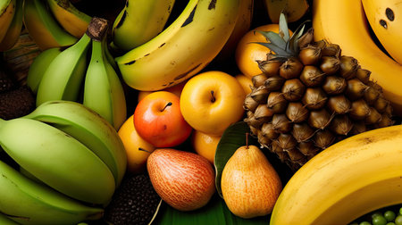 Fruits were placed together in a large group on a black background.の素材