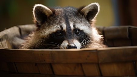 Raccoon in a wooden basket, close-up, selective focusの素材