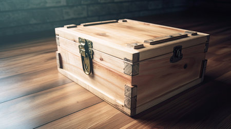 Wooden box on the floor. Vintage style. Selective focus.の素材