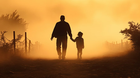 Silhouette of father and son walking in the field at sunsetの素材