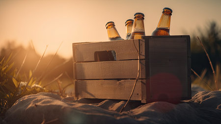 Bottles of beer in a wooden box on the beach at sunsetの素材