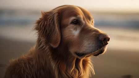Golden Retriever on the beach at sunset, close-upの素材