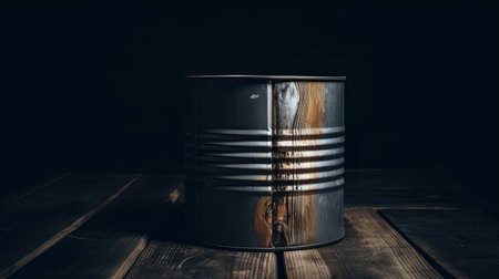 Metal tin can on wooden table. Dark background. Toned.の素材
