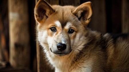 Portrait of an akita inu dog on a wooden backgroundの素材
