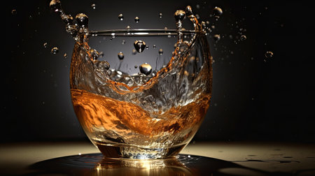 Splash in a glass of whiskey with ice cubes on a dark backgroundの素材