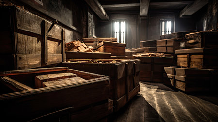 Interior of old wooden church with empty wooden crates. Toned.の素材