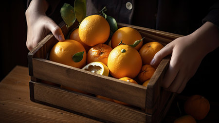 Close up of female hands holding wooden box with fresh ripe oranges and lemonsの素材
