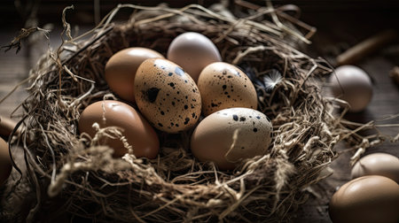 Easter eggs in a nest on a rustic wooden background.の素材