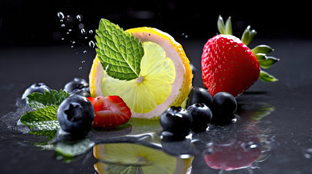 Strawberry, lemon, blueberry and mint on black backgroundの素材