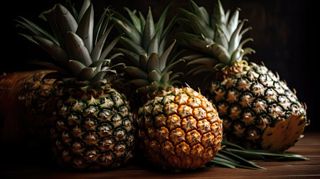 Pineapples on a wooden table. Pineapples on a dark background.の素材