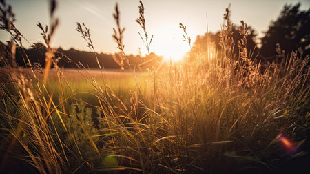 Sunset over the meadow with tall grass, vintage tonedの素材