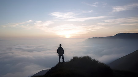 Silhouette of a man standing on the top of a mountain and looking at the sunriseの素材