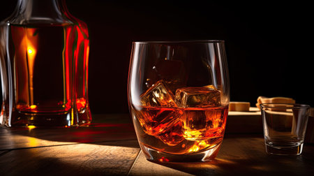 Glass of whiskey with ice cubes on wooden table on black background.の素材