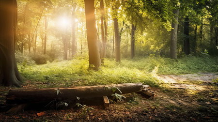 Morning in the forest. Sun rays through the tree trunks.の素材